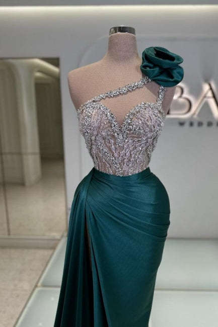 Fashionable Long Dark Green One Shoulder Jewel Sleeveless Prom Gown