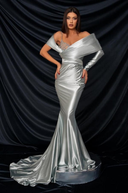 Fashionable Long Silver Mermaid Off-the-shoulder Lace Prom Gown with Long Sleeves