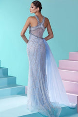 Glamorous Long Blue Mermaid Beaded Sleeveless Tulle Prom Dress with Eye-catching Slit