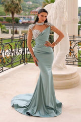 Glamorous Long Blue Mermaid High Neck Glitter Satin Prom Dress with Long Sleeves