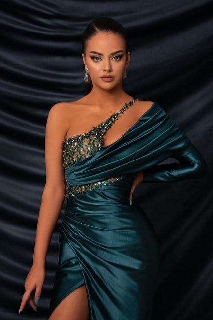 Glamorous Long Dark Green One Shoulder Beaded Lace Long Sleeve Prom Gown with Slit