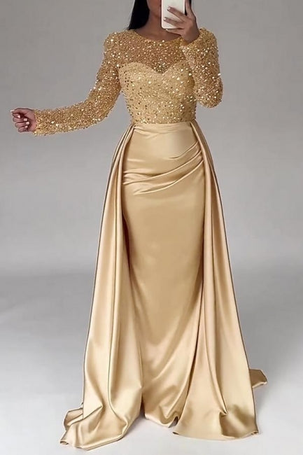 Gorgeous Long A-line Beaded Sequined Prom Gown with Elegant Long Sleeves