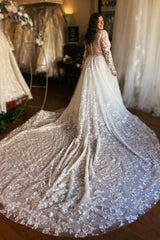 Gorgeous Long A-line V-neck Long Sleeve Lacy Wedding Gown with Dramatic Train