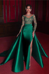 Charming Long Emerald Beading Lace Split Prom dress With Long Sleeves