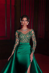 Charming Long Emerald Beading Lace Split Prom dress With Long Sleeves