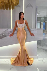 Gorgeous Long Mermaid Gold Sleeveless Jewel Prom Dress with Sparkling Glitter