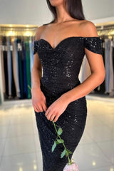 Gorgeous Short Black Off-the-shoulder Glitter Cocktail Dress