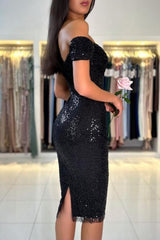 Gorgeous Short Black Off-the-shoulder Glitter Cocktail Dress