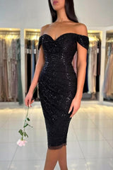 Gorgeous Short Black Off-the-shoulder Glitter Cocktail Dress