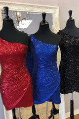 Gorgeous Short Column One Shoulder Sleeveless Sequined Satin Homecoming Gown