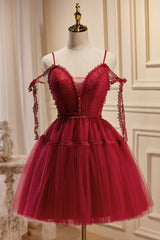 Rebecca Burgundy A-Line V-Neck Tulle Homecoming Dress