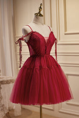 Rebecca Burgundy A-Line V-Neck Tulle Homecoming Dress