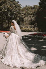 Ball gown Long sleeves Lace round neck Tulle Wedding Dress