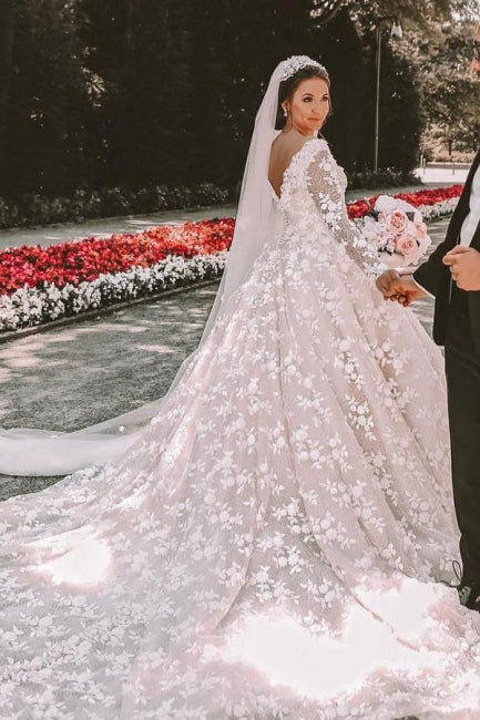 Ball gown Long sleeves Lace round neck Tulle Wedding Dress