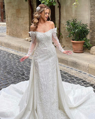 Luxurious Long Ivory Off-the-shoulder Lace Beaded Long Sleeve Wedding Gown With Train