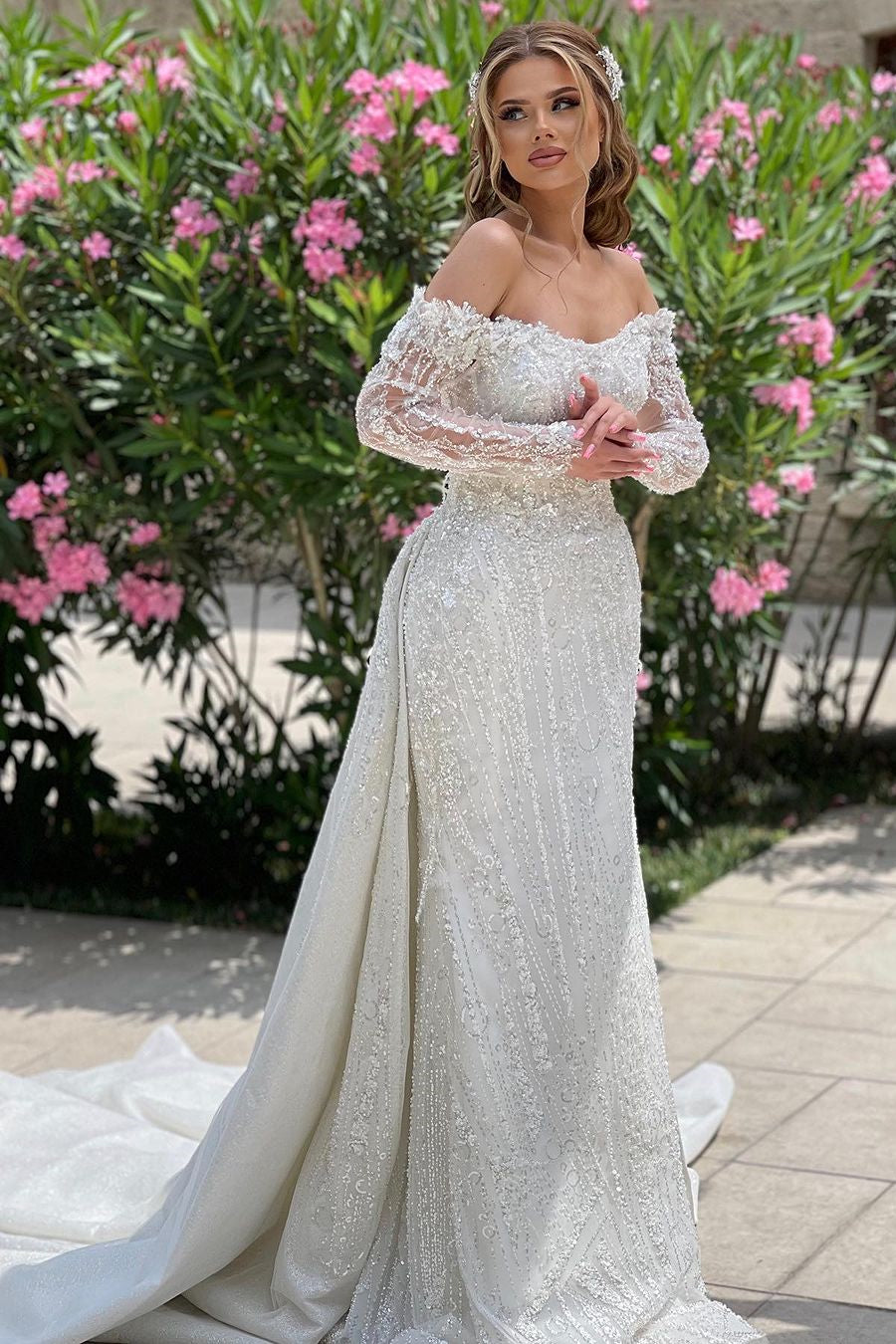 Luxurious Long Ivory Off-the-shoulder Lace Beaded Long Sleeve Wedding Gown With Train