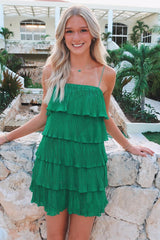 Green Spaghetti Strap Ruffled Tiered Pleated Homecoming Dress