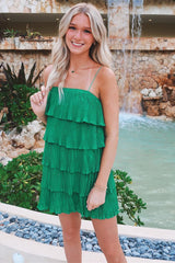 Green Spaghetti Strap Ruffled Tiered Pleated Homecoming Dress