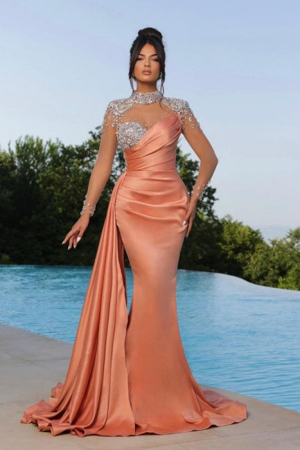 Mermaid Orange Floor-Length High Neck Sweetheart Long Sleeve Prom Dresses with Beadings