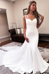 Sweetheart Long Mermaid Floor-Length Sleeveless Stain Wedding Dresses with Ruffles