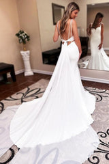 Sweetheart Long Mermaid Floor-Length Sleeveless Stain Wedding Dresses with Ruffles