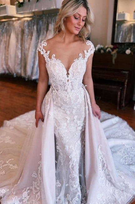 Chic Long Mermaid Sweetheart Off-The-Shoulder Tulle Wedding Dresses with Lace