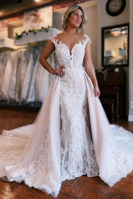 Chic Long Mermaid Sweetheart Off-The-Shoulder Tulle Wedding Dresses with Lace