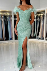 Mermaid Light Green Off The Shoulder Split Front Prom Dress with Sequins