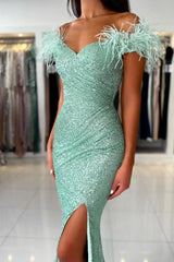 Mermaid Light Green Off The Shoulder Split Front Prom Dress with Sequins