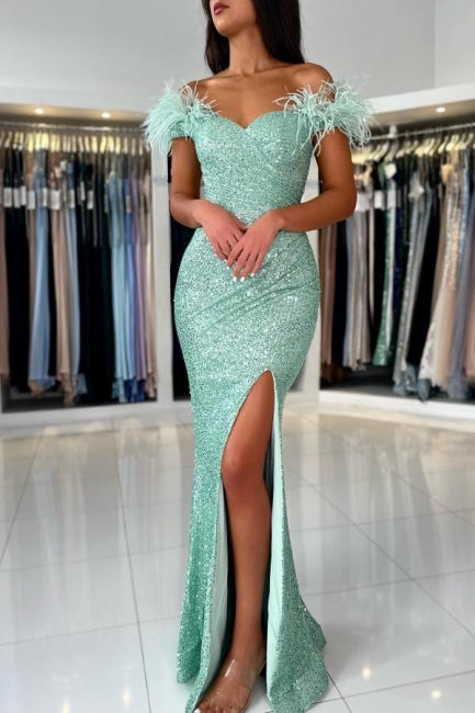 Mermaid Light Green Off The Shoulder Split Front Prom Dress with Sequins