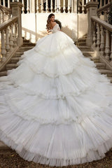 Luxury Off the Shoulder White Tulle Wedding Dress with Ruffles