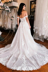 A-line Off the shoulder Lace Wedding Dress with High Split