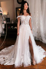 A-line Off the shoulder Lace Wedding Dress with High Split