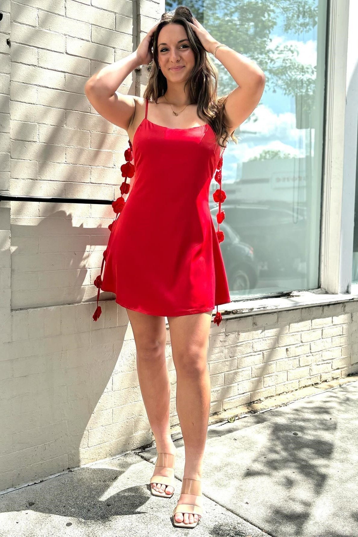 Red Backless Short Dress with Rosette-Embellished Straps