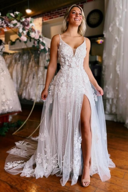 Sexy A-Line Sleeveless V-neck Straps Split Court Train Wedding Dress