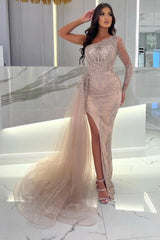 Sweethearts Split Front Column Tulle Long Sleeve One Shoulder Prom Dresseses with Appliques