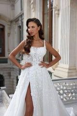 A-Line Square Neck Appliques Stain Sleeveless Wedding Dress with High Split