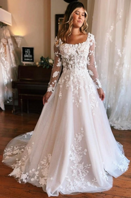 Glamorous A-Line Square Neck Long Sleeves Lace Wedding Dress