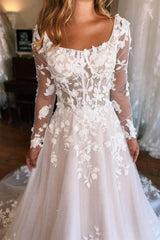 Glamorous A-Line Square Neck Long Sleeves Lace Wedding Dress