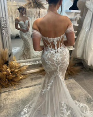 Sweetheart Long Mermaid Off-the-shoulder Glitter Appliqué Wedding Dress