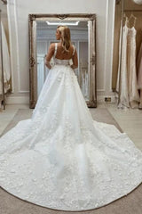 Vintage Long A-line Lace Sleeveless Appliqué Wedding Dress with Detachable Train