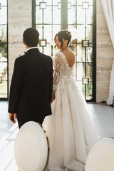 Vintage Inspired Long A-line V-neck Lacy Wedding Dress with Romantic Long Sleeves