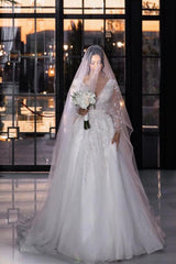 Vintage Inspired Long A-line V-neck Lacy Wedding Dress with Romantic Long Sleeves