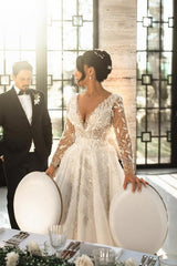 Vintage Inspired Long A-line V-neck Lacy Wedding Dress with Romantic Long Sleeves