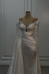 Vintage Long White A-line Off-the-shoulder Lace Beaded Wedding Dress with Long Sleeves