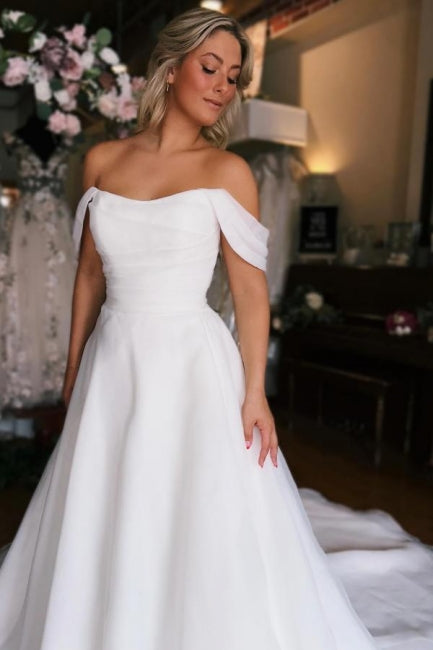 Charming A-Line White Off the shoulder High split Wedding Dress