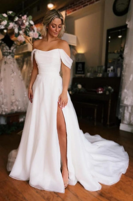 Charming A-Line White Off the shoulder High split Wedding Dress