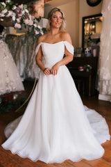 Charming A-Line White Off the shoulder High split Wedding Dress