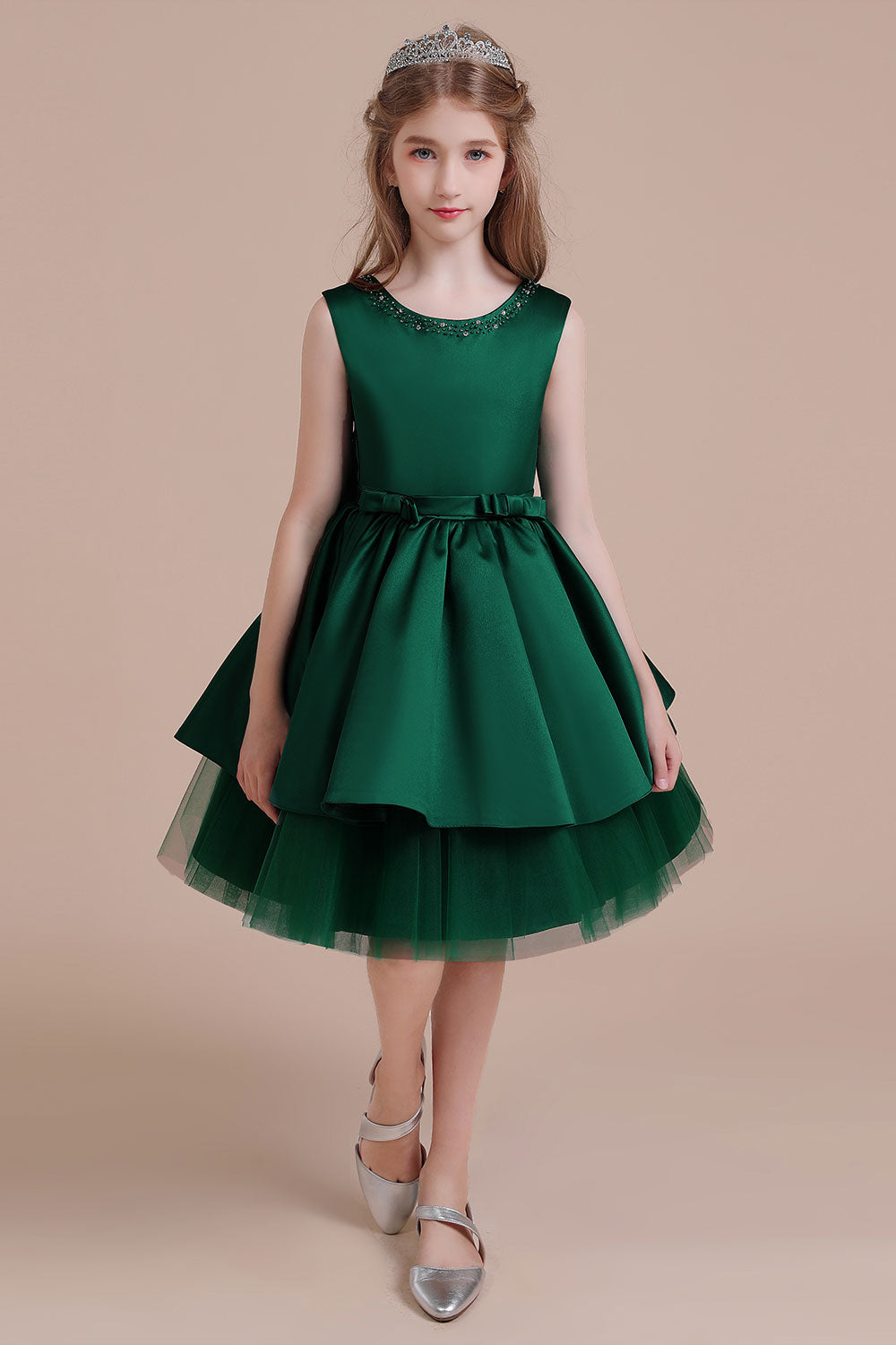 A-Line Bow Beading Satin Tulle Flower Girl Dress On Sale