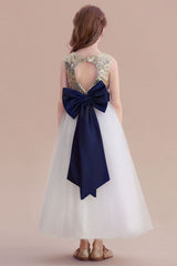 A-Line Bow Sequins Ankle Length Flower Girl Dress Online